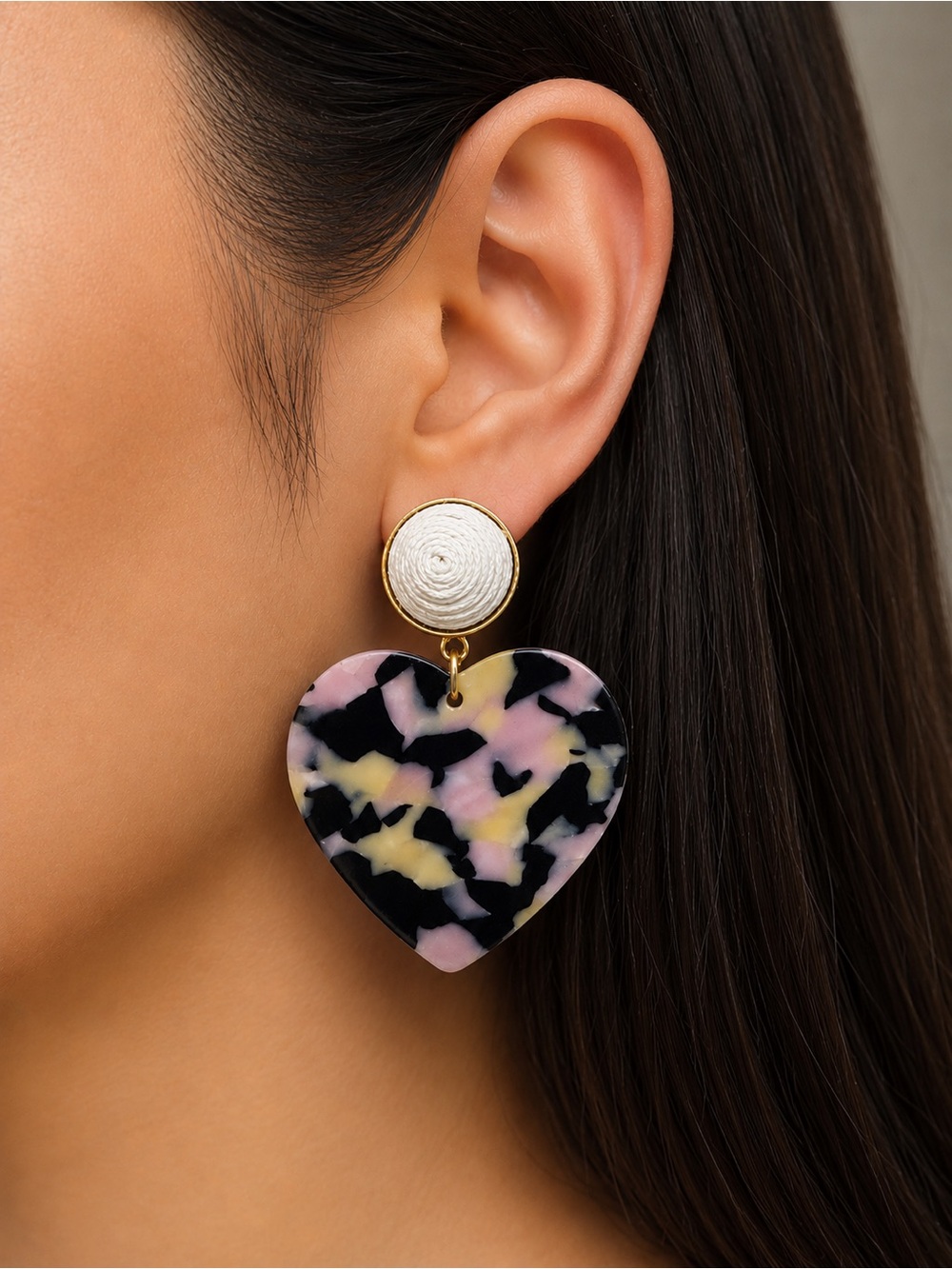 JYDDM Heart Drop Resin Earrings in Black, Pale Yellow & Light Pink
